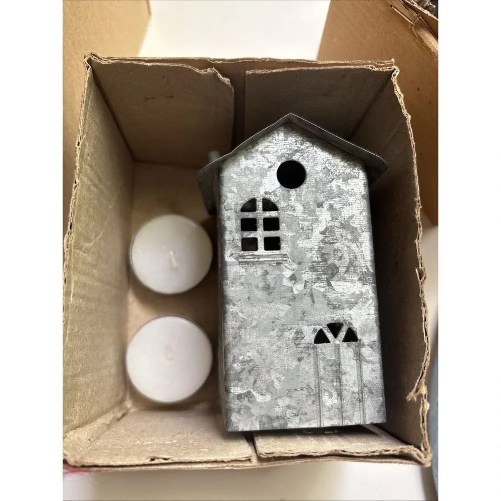 CANDLE GIFT SET-Galvanized Metal House&Trivet with Pine Tree Candles NEW-RARE